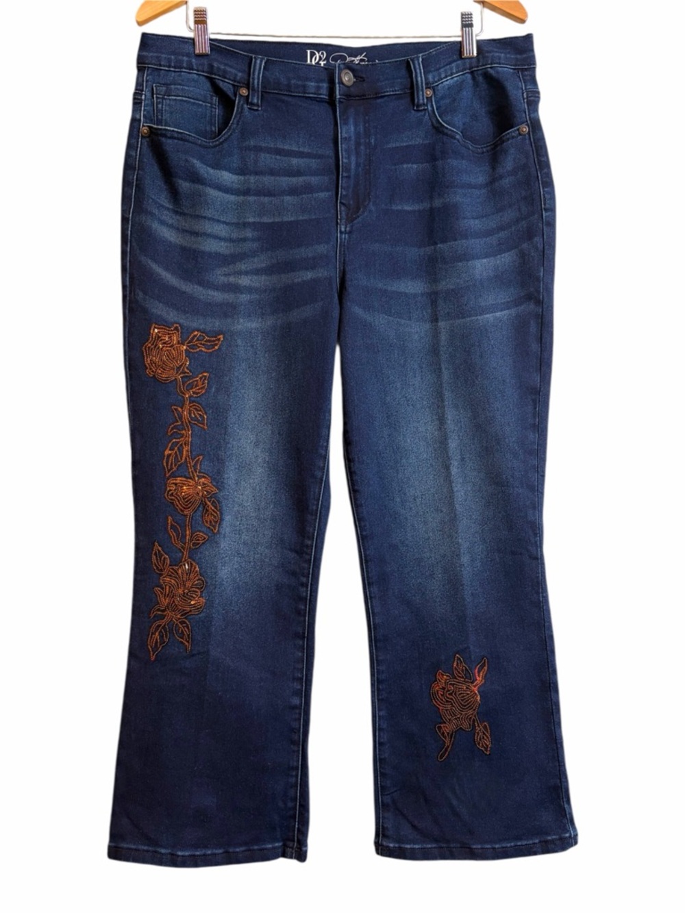 DG2 Diane Gilman Sequin Floral Bohemian Boot Cut Stretch Blue Jeans